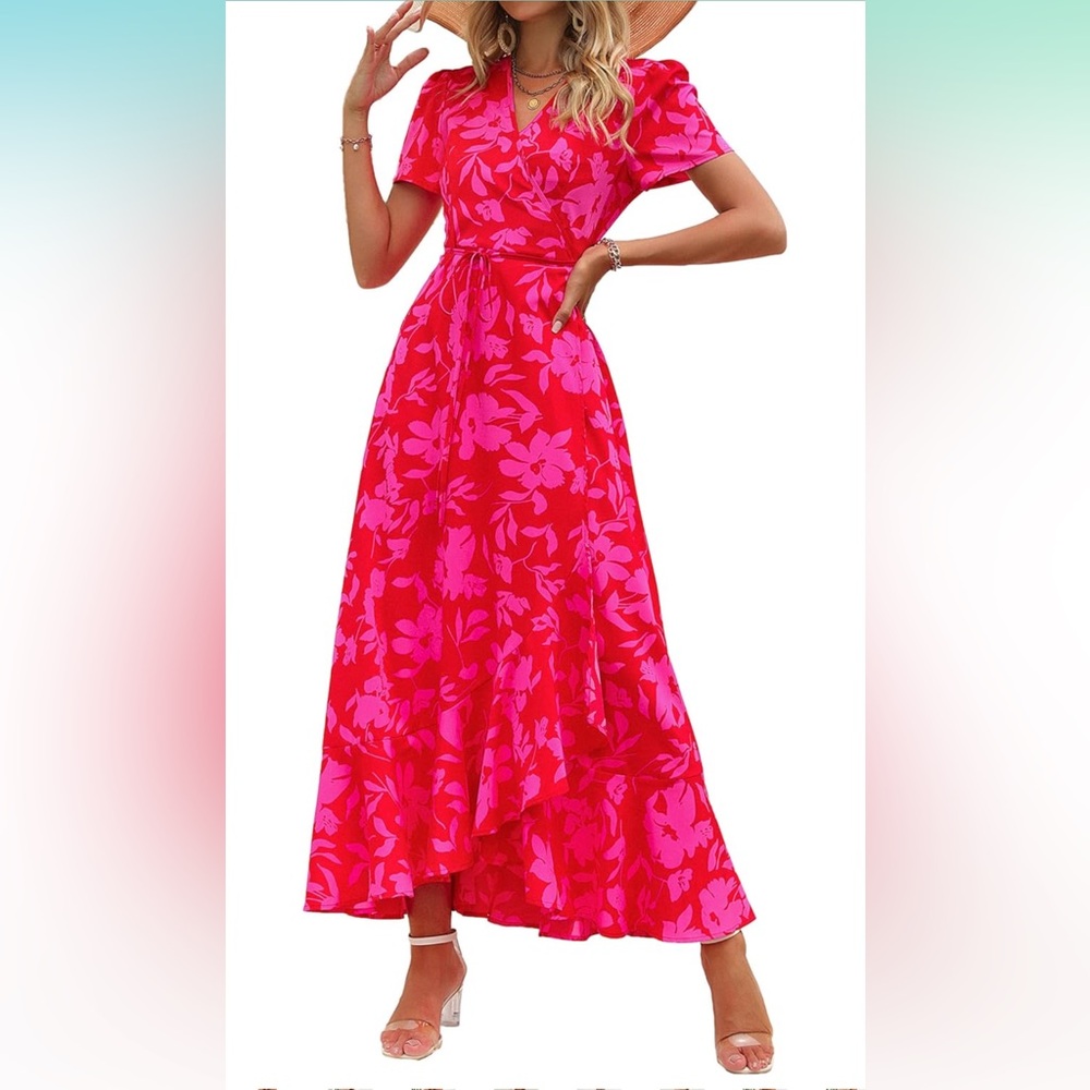 PRETTYGARDEN Women's Summer Maxi Dress Casual Wrap Floral Short Sleeve dress